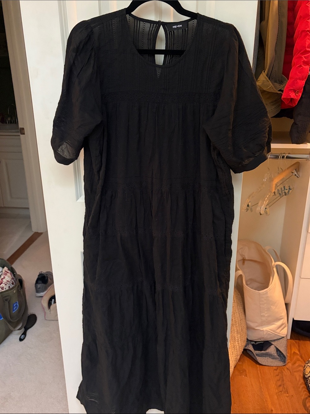 ME+EM Black Puff-Sleeve Tiered Midi Dress